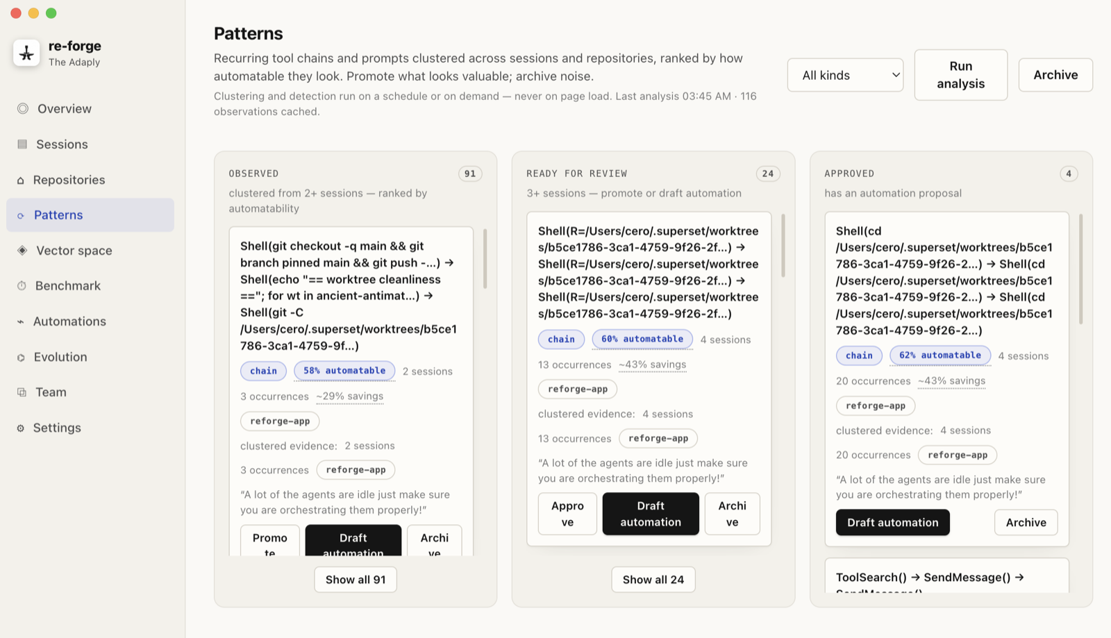 re-forge Patterns view: recurring tool chains ranked by automatability, moving from Observed to Ready for review to Approved