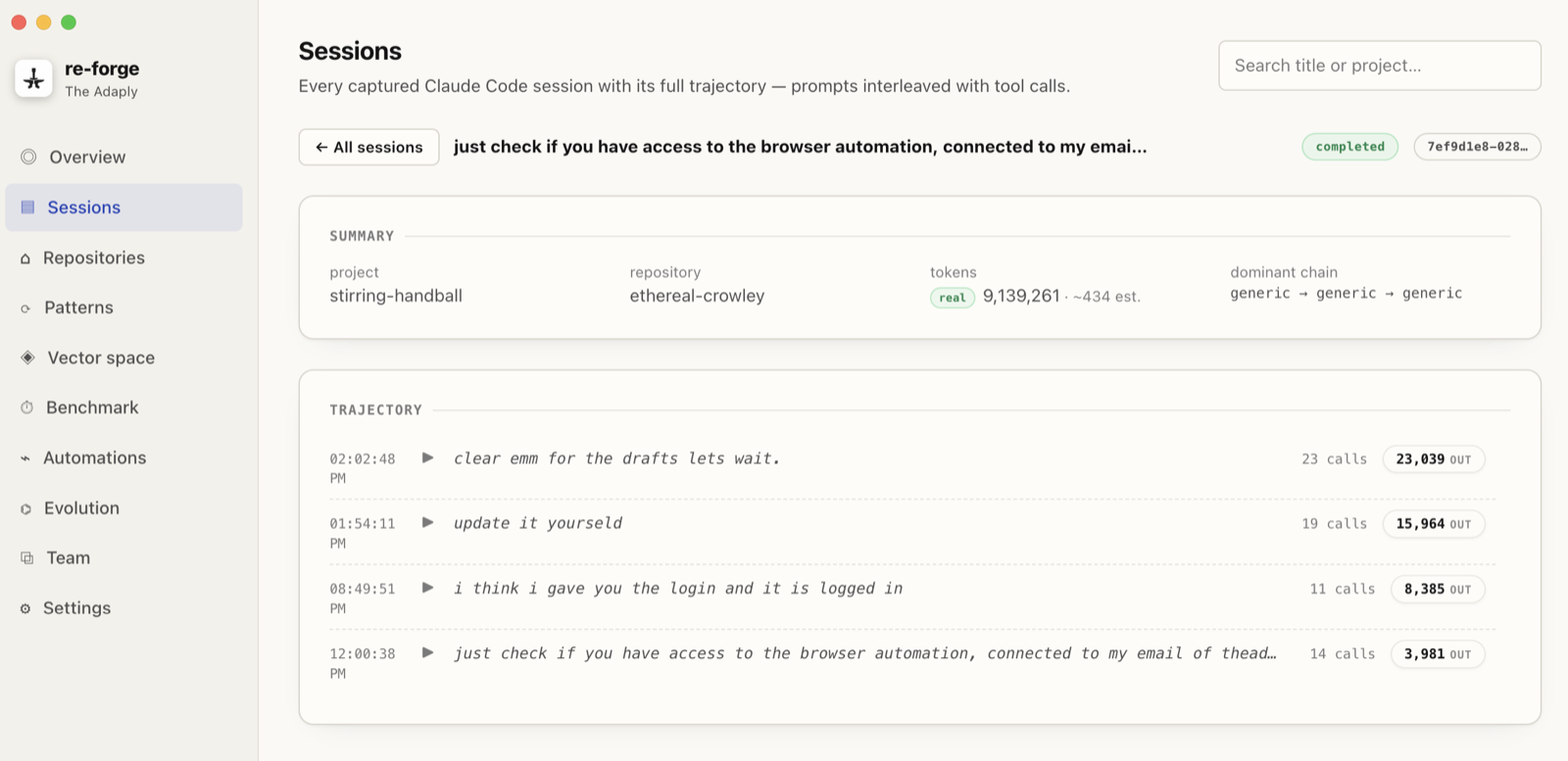 re-forge Sessions view: a captured Claude Code session with its full trajectory, prompts interleaved with tool calls and token counts