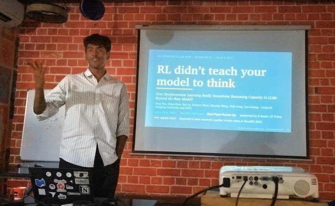 S Akash presenting 'RL didn't teach your model to think' at ML Reading Club NCR Session 01